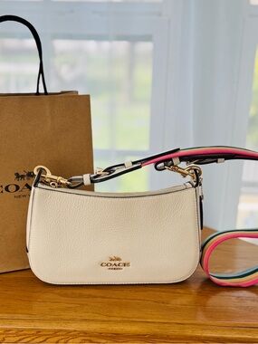 Coach Jes Baguette White Chalk & Rainbow Strap Handbag Shoulder Bag